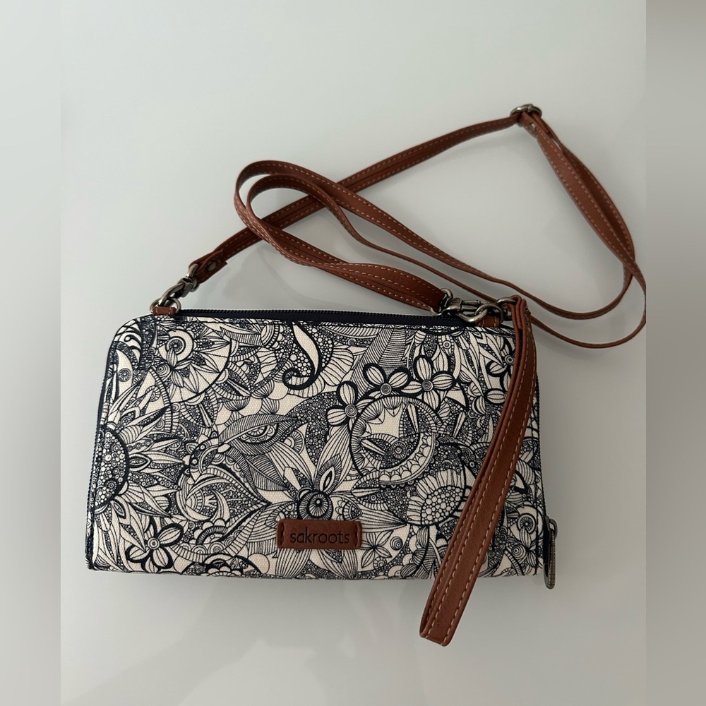 Sakroots crossbody wallet with blue and white print, new without tags.